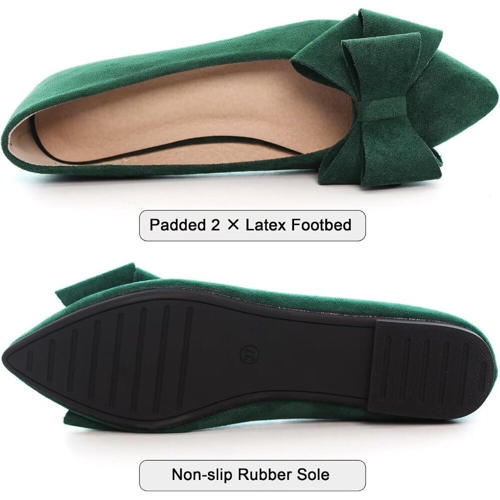Women's Christmas Green Bowknot Ballet Flats Pointy Toe Casual Flat Shoes Suede - Picture 5 of 7